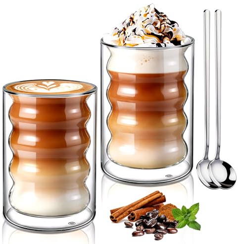 ecooe Doppelwandige Kaffeegläser 350ml Latte Macchiato Gläser 2er Set, Borosilikatglas Kaffeetassen Glas Doppelwandig Kaffeeglas Teegläser für Cappuccino, Tee, EIS, Milch, Bier
