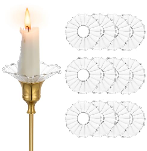 Hewory 12 Tropfenfänger für Kerzen, Kerzenständer Tropfschutz Glas Ring | Spitzenrillen-Design, Hitzefest & Pflegeleicht, Tropfschutz-Set für Kerzenhalter, Stabkerzen Hochzeit Party Deko Kommunion