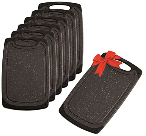 KPYTO Frühstücksbrettchen 6er Set + 1 Brettchen 24 x 14 cm Schneidebrett Set, beidseitig, rutschfest mit Saftrille, schwarze Brettchen, Brotzeitbrett