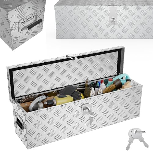 YRHome 38L Aluminium WerkzeugkisteAlubox Aluminiumkiste Transportbox Deichselbox Für PKW Anhänger Mit Verriegelungssystem Sicherheitsgriffe 2 SchlüsselnStoßfest Wasserdicht,Silber 80 * 22 * 22.5 CM