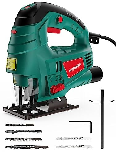 HYCHIKA Stichsäge, 800W Max Holz Schnitttiefe 110mm, 800-3000SPM Elektrische Stichsäge mit Laser, 7 Variable Geschwindigkeiten und 0-3 Orbital Position, 6 Blätter, Fasenschneiden: -45 °bis 45
