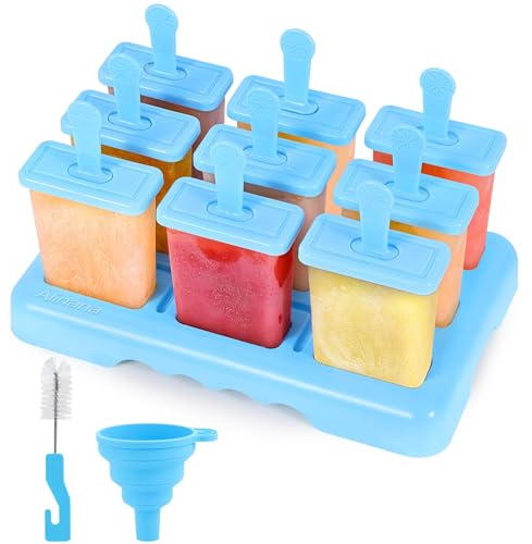 Alinana Eisformen Eis am Stiel, 9 Eisformen Wiederverwendbar, Individuelles Abtauen Eis am Stiel Formen, BPA Frei Eisformen- Kommt mit Einer Reinigungsbürste und Silikon Falttrichter