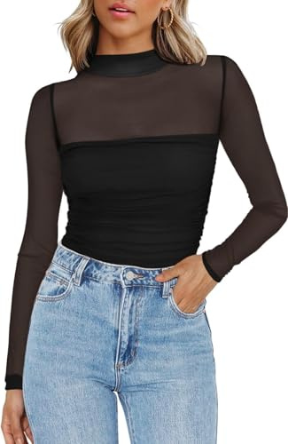 Zeagoo Transparentes Oberteil Damen Netzoberteil Rundhal Langarm Mesh Shirt Sexy Party Tops Netz Clubwear Slim Fit Langarmshirt Schwarz M