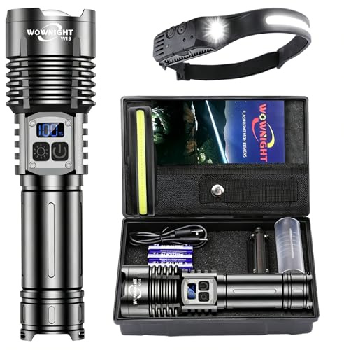 WOWNIGHT Taschenlampe LED Aufladbar 1,000,000 LM - 50W, 2 Schalter LED Taschenlampe Extrem Hell, 1600M Weitschuss-Starke Taktische Taschenlampe, Stufenlos Dimmbar Mit Stirnlampe For Outdoor Notfälle