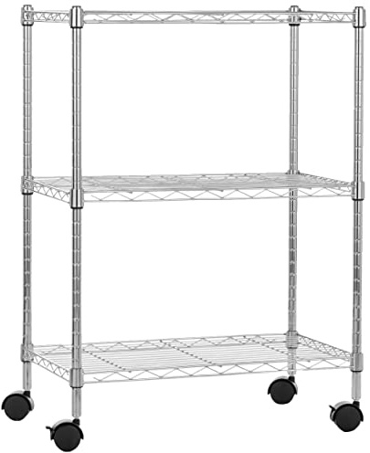 Amazon Basics Schmaler Stauraum mit 3 Regalböden, höhenverstellbaren Einlegeböden und Nivellierfüßen, maximales Gewicht 340 kg, Chrom, 34 cm T x 58.9 cm B x 83.2 cm H