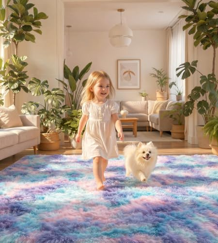 ROHATIM Teppich Wohnzimmer 160 x 230 cm Blau Lila Waschbar Rutschfester Hochflorteppich Kinderzimmer Schlafzimmer Flauschiger Teppiche
