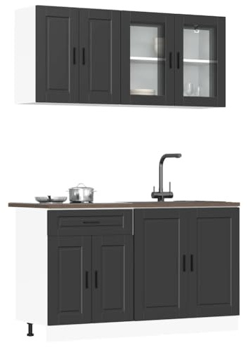 Emmtore 4-TLG. Küchenschrank-Set Holzwerkstoff, Küchenzeile Einbauküche, Schrank-Set, Unterschrank, Küchenschrank, Hängeschrank,Schwarz