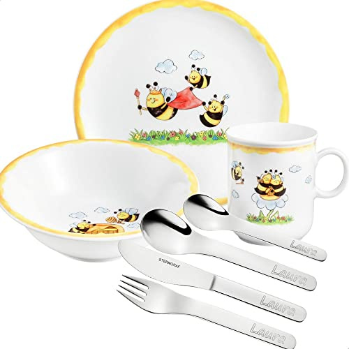 Sterngraf Kinderset Bienchen 7tlg. MIT Gravur (z.B. Namen) personalisiertes Kinderbesteck + Kindergeschirr