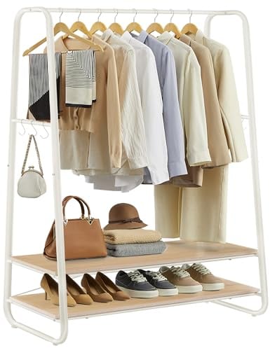 VASAGLE Kleiderständer, Garderobenständer, Garderobe, 2 Ablagen, 6 Haken in S-Form, Stahlgestell, 45 x 100 x 160 cm, für Schlafzimmer, Flur, Eingangsbereich, eichenfarben-cremeweiß RGR112W09