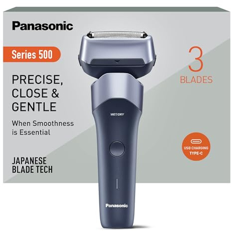 Panasonic Series 500 ES-ERM3FV503 3-Klingen Nass- & Trockenrasierer, wiederaufladbar, japanischer Edelstahl, 10D flexibler Scherkopf, IPX7, USB-C-Ladefunktion, Violett