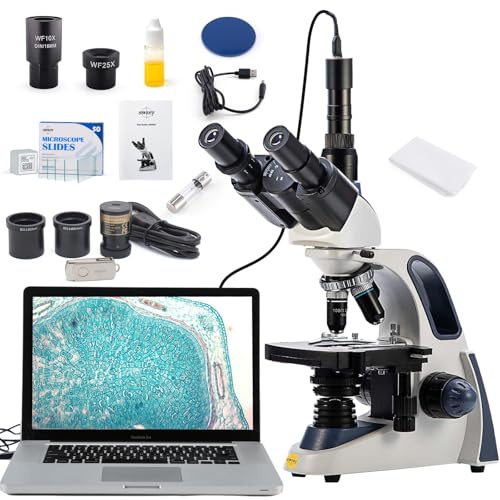 SWIFT Trinokular-Mikroskop SW380T, 40- bis 2500-fache Vergrößerung, Siedentopf-Kopf, zweischichtiger mechanischer Tisch, mit 5,0-MP-Kamera und Software, und 100 leeren Objektträgern