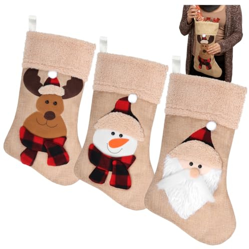 com-four® 3X Premium Weihnachtsstrumpf XL aus Jute, Nikolausstiefel | Weihnachtsdekoration zum Aufhängen - Nikolausstrumpf in 3 süßen Designs