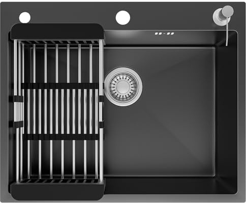 CECIPA Spülbecken Küche Schwarz 60×49 cm - Edelstahlspüle 1 Becken mit Hahnloch & Überlauf, Siphon Küchenspüle für Arbeitsplatte ab 60 cm, Ausschnittsmaß 57 x 46 cm
