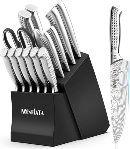 MOSFiATA Messerblock mit Messerset, Küchenmesser Kochmesser Set mit Block | Edelstahl Fleischmesser Extrem Scharf Chefmesser, 6 Steakmesser, 6 Profi Messer, Küchenschere, Wetzstahl, Messerblock Holz