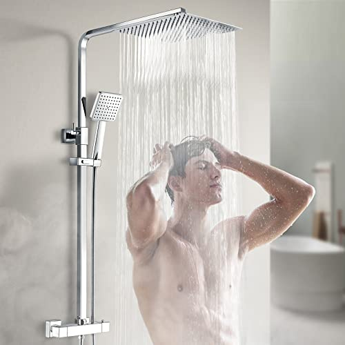 Heilmetz Duschsystem mit Thermostat Chrom, 30 x 30 cm Regendusche Duschset | Mit 38 °C Verbrühschutz, 80–118 cm verstellbarer Duschstange, 360° drehbarer und ±15° neigbarer Kopfbrause, Handbrause