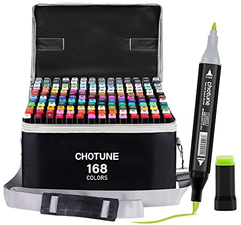 CHOTUNE 168 Farben Marker Set, Permanente Filzstifte mit Weicher Spitze, Einzigartiges Doppelkopf-Design, Ausgestattet mit Schwarzer Tragetasche Lagerbasis für Manga Skizzieren Zeichnung
