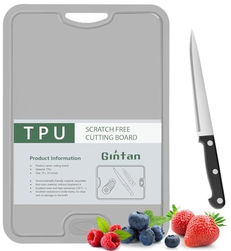 Gintan Flexibles TPU Schneidebrett, BPA-frei, mit Messer- und Saftrille, kratzfeste flexible Schneidebretter für die Küche, spülmaschinenfest, griffiger Griff, rutschfest (Grau)