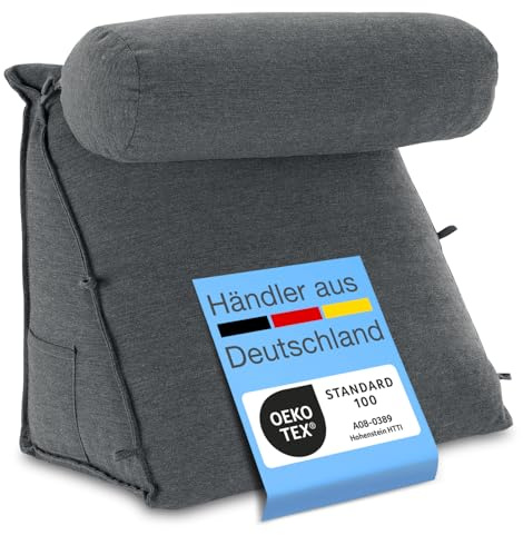 ELONEO Rückenkissen Bett/Sofa mit Abnehmbarer Nackenrolle und Seitentasche, Rückenstützkissen mit Nackenkissen, Bezug waschbar, Lesekissen, Bücherkissen, Rückenlehne