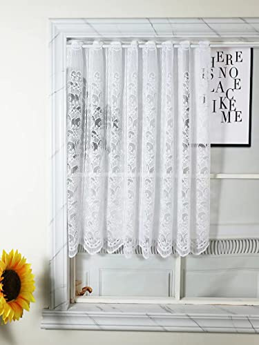Yaland Jacquard Scheibengardine mit Ranken Muster Weiß BxH 150x120cm | Küchegardine mit Lochleiste Landhausstil Kurzstore mit Blumen Stickerei für Küche & Wohnzimmer Badezimmer 1 Stück