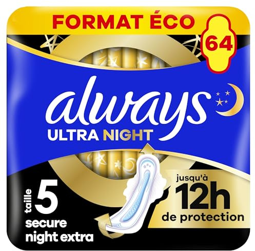 Always Ultra Secure Night Damenbinden (Größe 5) mit Flügeln 64 Stück, Super Saugfähig Und Ultra Dünn, für Die Periode