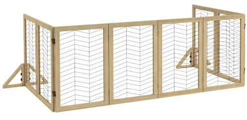 PawHut Hunde Absperrgitter aus Holz Türschutzgitter Natur 375 x 44 x 70 cm | Klappbares Hundegitter mit 8 Platten, Hundeabsperrgitter, Treppenschutzgitter, Kamingitter für Ofen