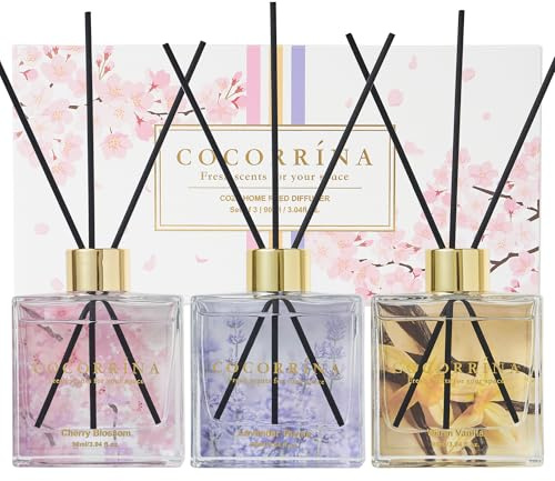 COCORRÍNA Raumduft Reed Diffuser - 3 x 90ml mit 24 Duftstäbchen Kirschblüte/Warme Vanille/Lavendel Thymian, Natürlich, Langanhaltend, Home Duft Zimmerduft für Badezimmer Regal Dekoration