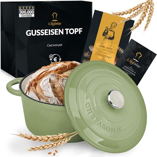 Chefarone Gusseisen Topf 24 cm, 3,5 L – Schmortopf emailliert mit Deckel für Brot backen, Schmoren & Braten – Brotbacktopf Induktion