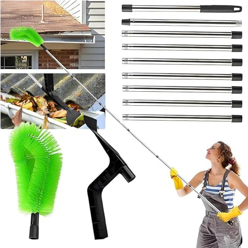 390cm Dachrinnenreiniger, Dachrinnenbürste und Reinigungslöffel Schaufel 2 in 1, Regenrinnen Reiniger mit 9Pcs Verlängerungsstange für Reinigen von Blättern Schmutz Fenstern Dachrinnen (A)