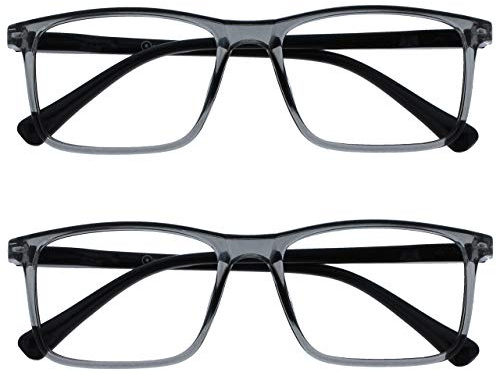 OPULIZE INK Lesebrille für Damen und Herren - 2er-Pack - Groß Rechteckiger Rahmen - Komfort Federscharniere - Kratzfest - Grau +2.00