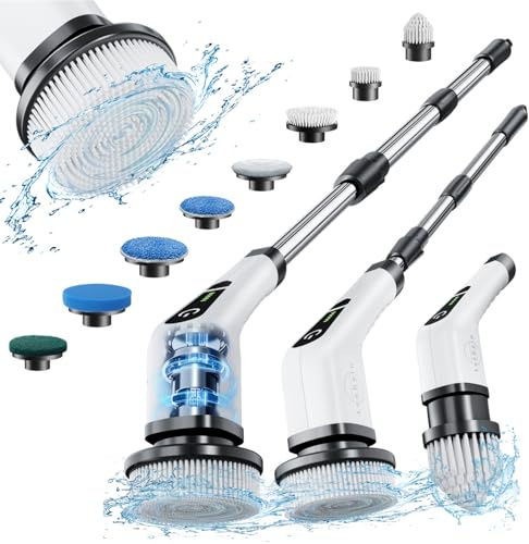 Leebein Elektrische Reinigungsbürste,Electric Spin Scrubber schnurlos mit 8 austauschbaren Bohrbürstenköpfen, Wanne und Bodenfliese mopSet mit 137cm verstellbarem Griff für Bad Küche Auto Fußboden