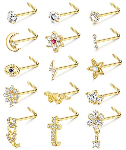 Adramata 15 Pcs 20G Nasenpiercing Stecker Edelstahl Nostril Piercing | Piercing Nase Versilbert, Nasenstecker 14K Vergoldet, L Vis Forme Nasen Piercing pour Femme Homme, Nez Bijoux