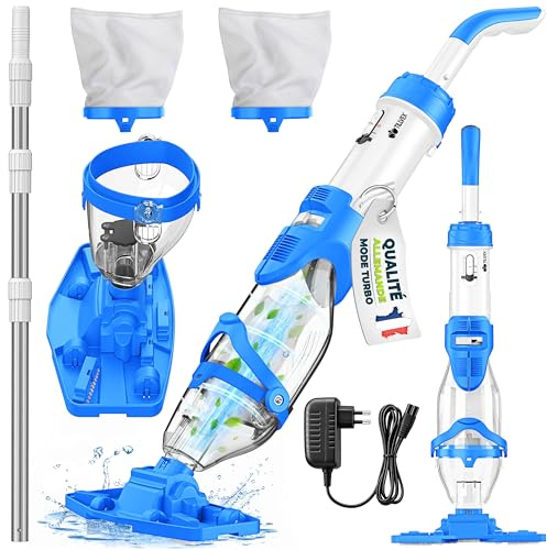 tillvex Poolsauger mit Akku & Teleskopstange + Ersatzfilter bis zu 15 m³ | Pool Bodensauger elektrisch | Poolreiniger mit Filter & 60 min Laufzeit | Handsauger Reinigungsset kabellos (Blau/Weiß)