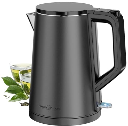 ProfiCook® Wasserkocher 1,5 Liter | 2200W | doppelwandiges Thermogehäuse | Einhandbedienung | Station mit Kabelaufwicklung | mattes Edelstahlgehäuse | Wasserkocher Edelstahl | PC WK 1290 | Graphit