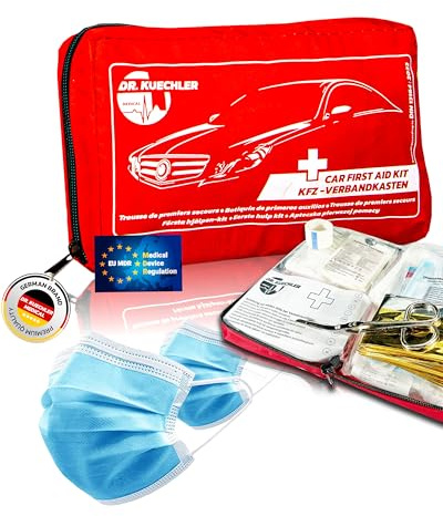 DR.KUECHLER MEDICAL Qualitäts- KFZ Verbandstasche, neueste DIN Norm 13164, 2026, Auto, PKW Verbandskasten, für die TÜV Prüfung, vollständiges Erste Hilfe Set Auto, Color First AID KITS:rot