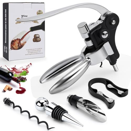 Raxfekro 5-teiliges Premium Korkenzieher-Set mit Hebel-Korkenzieher, Weinausgießer, Vakuumverschluss, Kapselschneider und wechselbarer Spirale, für alle Korken
