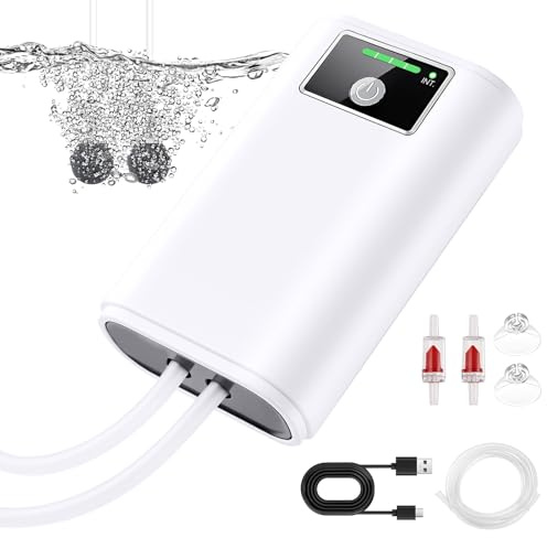 Petbank Aquarium Luftpumpe: USB Aquarium Luftpumpe Regelbar, 2600mAh Batterie, Zwei Stromversorgungsmodi, 1.5-2L/min*2