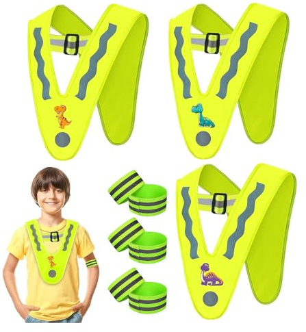 Kinder Warnwesten,3PCS Sicherheitsweste+6Reflektoren Armbänder,Reflektorweste Kinder,Kinderwarnweste V-Form,Leichte Warnweste Kinder Reflektorweste for Schulweg,Sport,Zur Sicherheit der Kinder