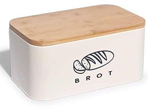 Theo&Cleo Brotkästen mit Deckel, Deckel aus Ökologisches Bambus, Kann als Schneidebrett, Geräumiger Retro Brotkasten aus Metall, Brot Lange Aufbewahren und Frisch Halten 30cm * 18cm * 14cm Beige