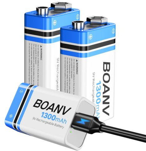 9V Akku Block Wiederaufladbare, 1300mAh 9V Lithium-ionen Batterie, Micro USB Ladegerät mit 2-in-1 Ladekabel für Rauchmelder, Alarme Tastatur Mikrofon (3 Stück)