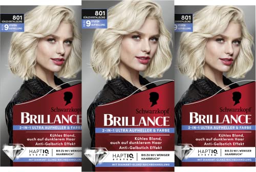 Brillance 2-in-1 Ultra Aufheller & Farbe 801 Kühles Kristallblond (160 ml), blonde Haarfarbe mit ultra-kühlen Reflexen, Coloration für bis zu 9 Stufen Aufhellung