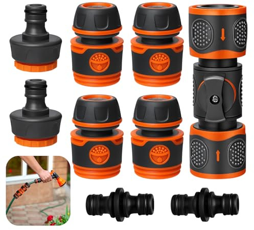 Garten Kupplung 1/2 Zoll – 9-teilig, Kompatibel mit Gardena | Schlauchverbinder für Bewässerung, Autowäsche, Haushalt – 4 Kupplungen, 2 Hahnverbinder, mit Regulierventil, Werkzeuglos