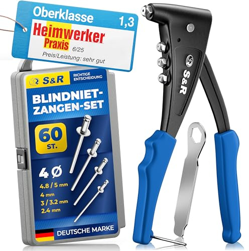 S&R Blindnietzange Set, Nietenzange, Popnietzange, 60 Blindnieten/Popnieten, Nietzange, Nietwerkzeug, Blindnietmutternzange, für KfZ-Reparatur, Metallbau und Möbelmontage - aus Stahl und Aluminium