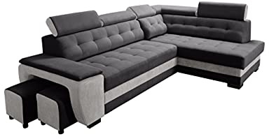 Robin Inspire Grand Ecksofa mit Schlaffunktion Bettkasten Kopfstützen Relaxfunktion 2 Hocker Sofa L-Form Schlafsofa Freistehende Eckcouch Schlafcouch Wohnzimmermöbel Wohnlandschaft Rechts Silber