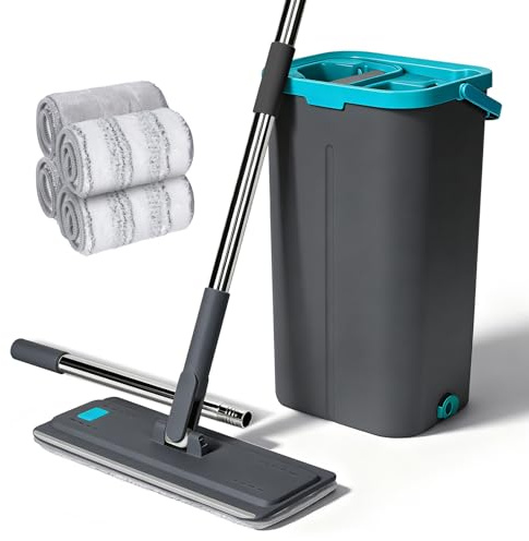 Masthome Wischmopp Set mit Eimer, Putzeimer mit Wischmop mit 6 Wischpads,Bodenwischer mit Auswringfunktion, Flachmopp und Putzeimer Set für Bodenreinigung Hartholz, Fliesen, Laminat - Grau+Blau