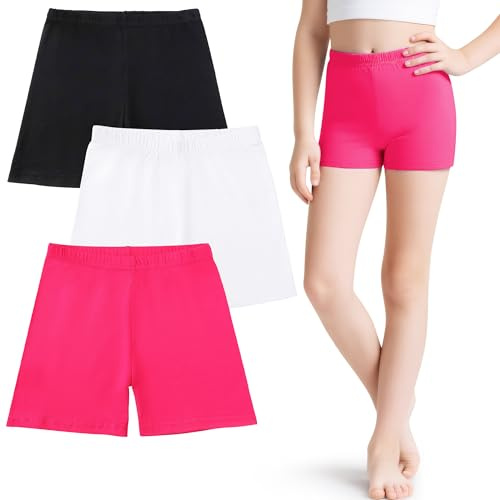 JinBei Kurze Hose Mädchen Sommer Radlerhose Kinder Baumwolle Bequem Kurz Leggings Sporthose Elastischer Bund Turnhose Activewear Shorts 3er-Pack Schwarz Rose Weiß 12-14 Jahre, GR. 158-164