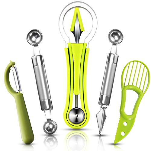 5 Stück Obst Löffel Cutter Set, 4 in 1 Edelstahl Melonenlöffel Schnitzmessern und Zweiseitiger Melonenausstecher, Avocado Corer, Apple Slicer, Küche Gemüse Werkzeuge zum Schneiden und Schnitzen
