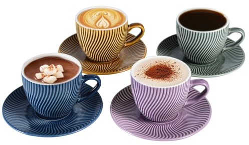Yundu 250ml Cappuccino Tassen 4er Set, Modern keramik Kaffeetassen mit Untertassen, Espressotassen Set, Perfekt für Lattes, Mokkas und Matcha. (4 Farben)