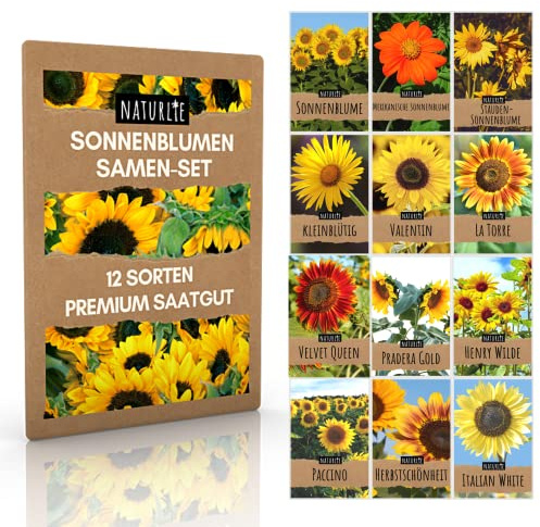 12er Sonnenblumen Samen Set - 12 schöne Sorten Premium Sonnenblumensamen - Blumen Saatgut für Bienen - super Garten Geschenk - Blumensamen Sommerblumen Anzuchtset von Naturlie