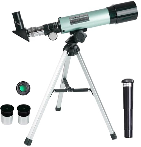 Misilmp Kinder Teleskop, 360/50mm Astronomie Teleskop mit Sucherfernrohr und Stativ – Tragbares Refraktor Teleskope für Kinder, Erwachsene und Anfänger (Blau)