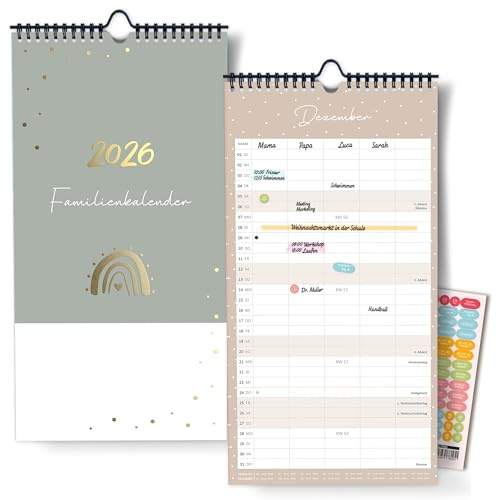 Familienplaner 2026 mit 5 Spalten als Wandkalender in Grau [Blattgold] I OKT 25 - DEZ 26 I 22 x 43 cm I Familienkalender Wand I Monatskalender, mit Ferien- und Feiertagen, Stundenplänen uvm...